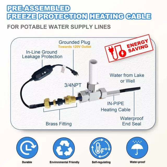 MAXKOSKO in Line Heating Cable Prevents Water Supply from Freezing 120V 2