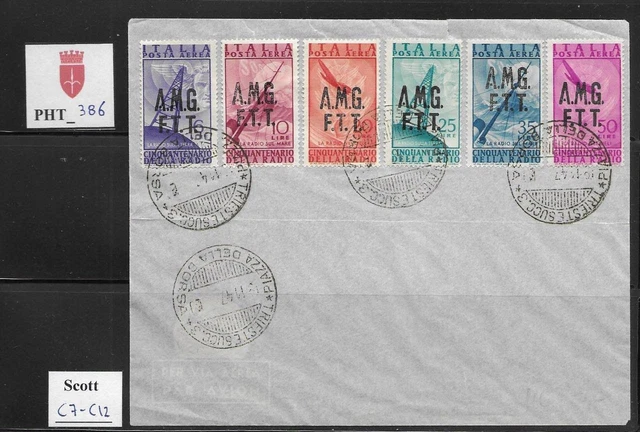 PHT_386. TRIESTE FTT. 1947 FDC w. CINQUANT. RADIO air mail set. Scott C7-C12.