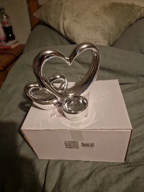 Silver Double Heart Tea light Candle  Holder