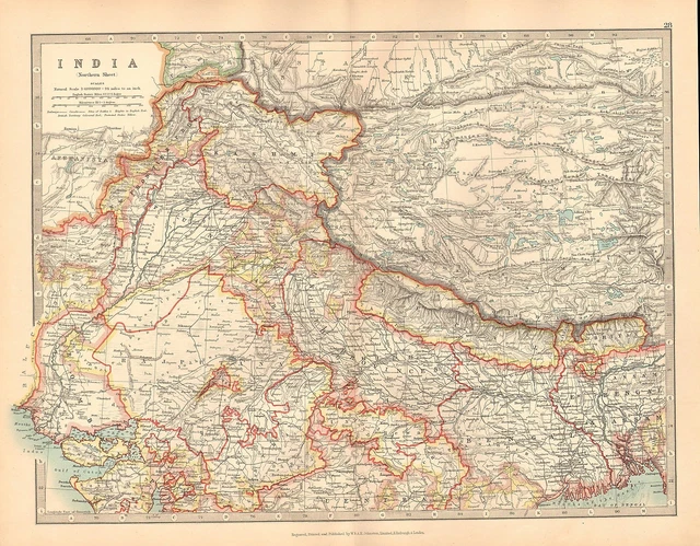 1911 Large Victorian Map ~ India Northern Sheet ~ Kashmir Nepal Rajputana Bengal