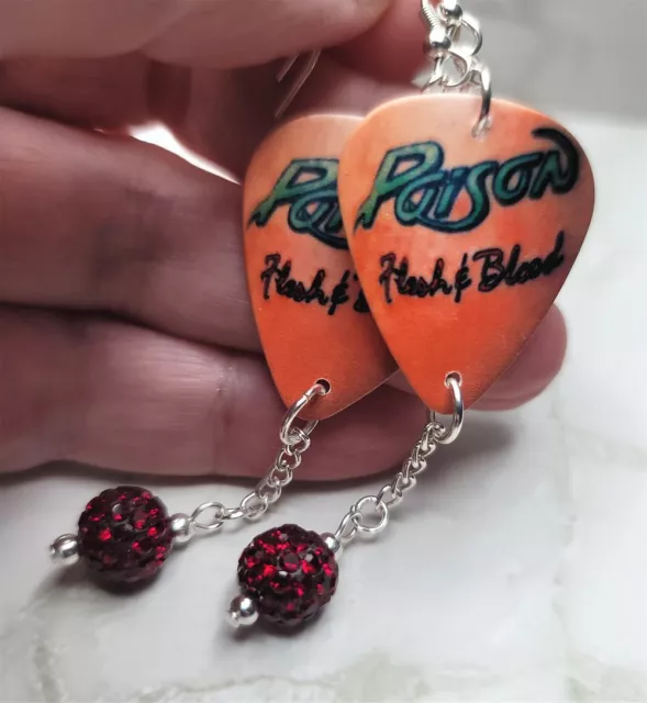 Poison Flesh and Blood Guitar Pick Earrings with Red Pave Bead Dangles