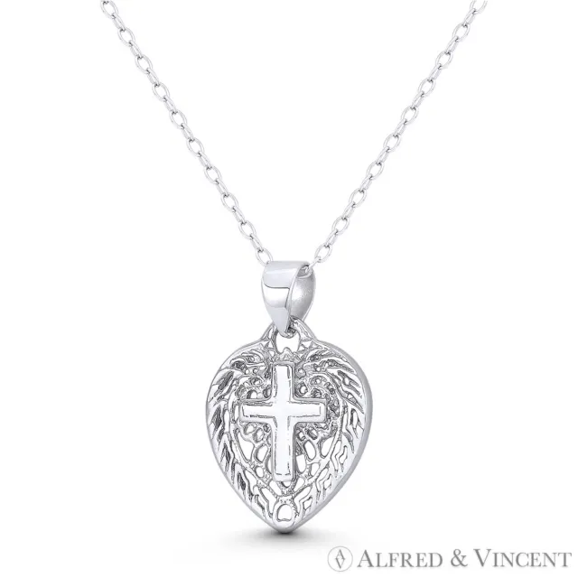 Latin Cross & Filigree Heart Charm Necklace Pendant Oxidized 925 Sterling Silver