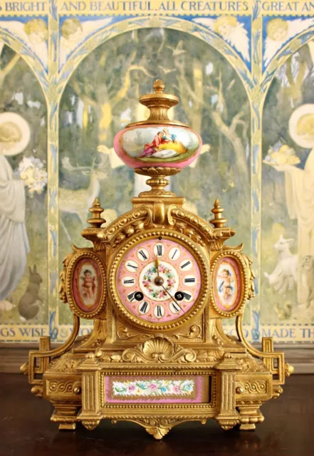 Antique French Mantel Clock, Ormolu, Painted Porcelain Panels, Cherubs, 13.5" H