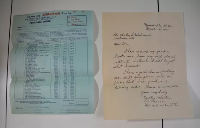 VTG Eshelman Tractor 1952 Sales Purchase Order With Pricing & Letter 8.5" X 11"