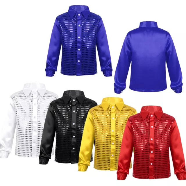 Boys Shiny Sequins Dress Shirt Long Sleeve Button Down 70s Shirts Disco Costume 3