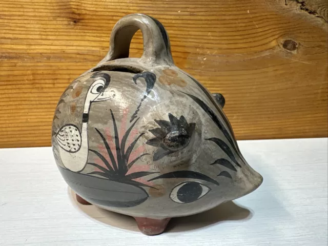 Vtg Primitive Mexican Folk Art Pottery Pig Piggy Bank Handpainted Floral 6”