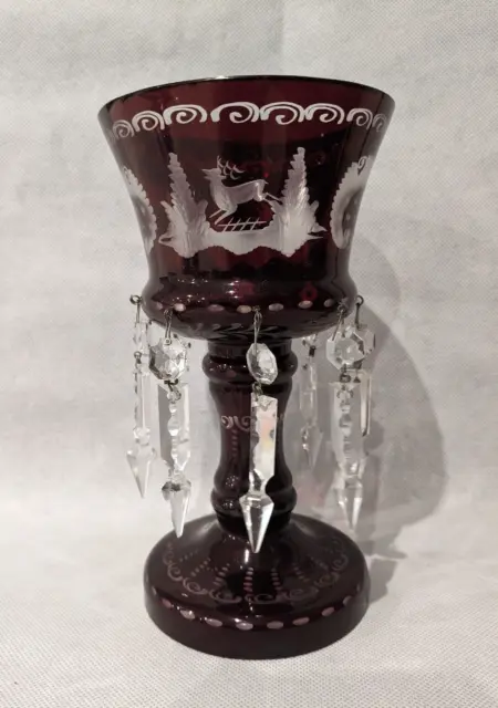 Vintage Bohemian Etched Glass Lustre, Cranberry Colour, 21.5cm tall