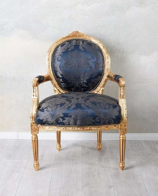 Fauteuil Baroque Capitonné Style Château - Accoudoirs Médaillon, Couleur Or, Neuf
