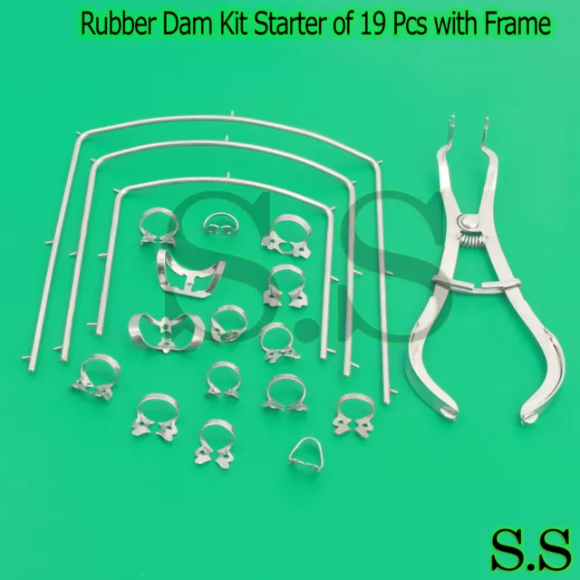 Rubber Dam Kit Starter of 19 Pcs with Frame Punch Clamps Dental Instrum DN-2125