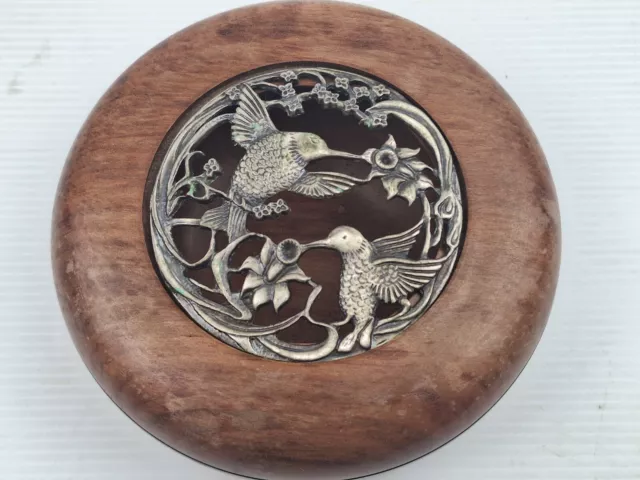 Vintage Hand Carved  Myrtle Timber Potpourri Bowl Honeyeater Metal Lid 13cm Diam