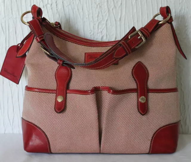 Dooney & Bourke Large Red Leather Check Canvas Lucy Shoulder Bag