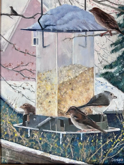 JOHN DUSKO  Original Painting.  Birds at Feeder.  Rare Chance to get an original