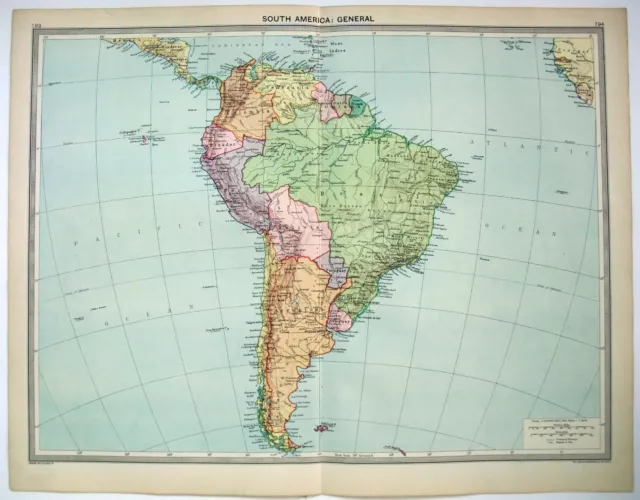 South America - Original 1926 Map by George Philip. Vintage