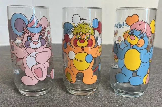 Vintage 1986 Lot 3 Popples Collectors Drinking Glasses Tumblers 16oz Pizza Hut