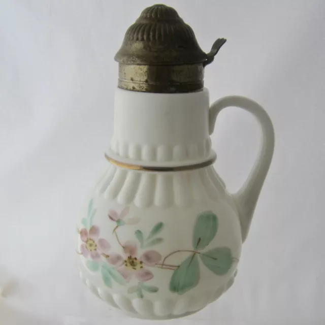 Ca 1900 Hand Painted Milk Glass Syrup Jug Pitcher