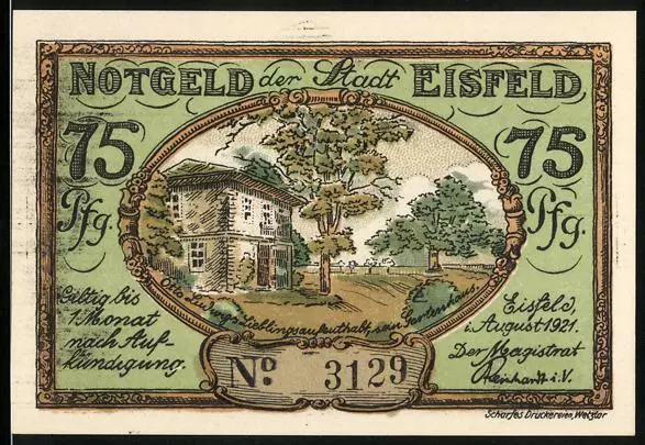 Notgeld Eisfeld 1921, 75 Pfennig, Otto Ludwigs Gartenhaus