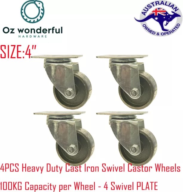 4PCS 4" CAST IRON CASTOR Set Heavy Duty Castor Wheel Swivel Plate