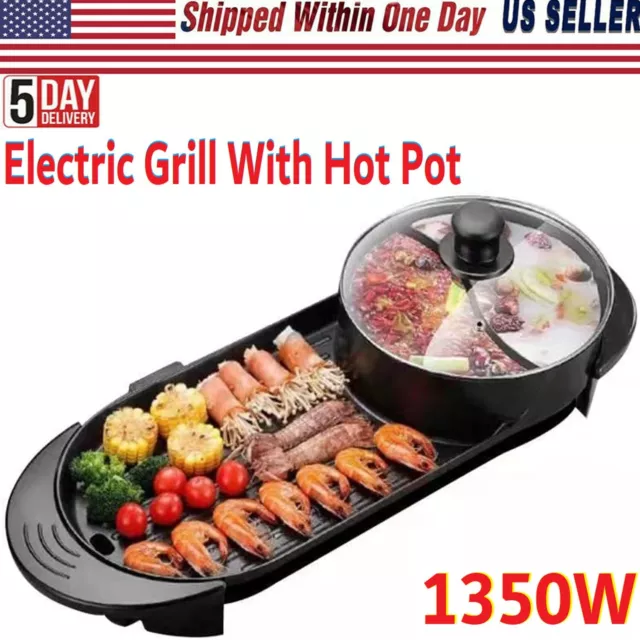 BENTISM 2 in 1 Electric BBQ Pan Grill Hot Pot Portable Hot Pot BBQ