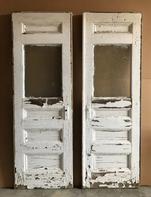Antique Pair Exterior Double 30x90 Doors Frosted Glass Shabby White Old 1402-22B