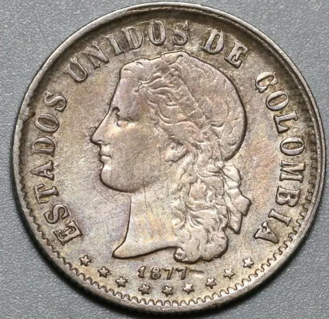 1877 Colombia 20 Centavos Medellin Rare Silver XF Coin (21030803R)