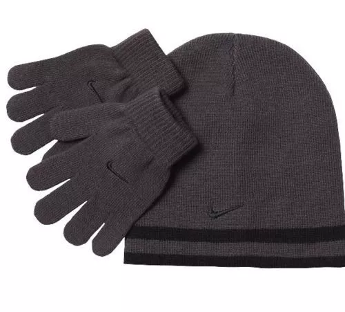 Nike Boys Knit Hat & Gloves Set 8-20 Beanie REVERSIBLE Winter BLACK GRAY Swoosh