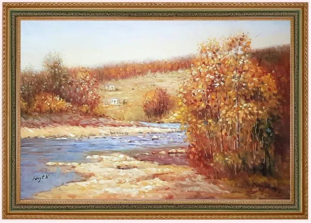 Quadro ad olio paesaggio, paesaggio fluviale dipinto a olio per: 50 x 80 cm