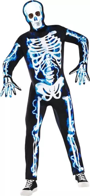 Men`s Electric Skeleton Jumpsuit Hood Gloves Adult Bone Frame Halloween Costume