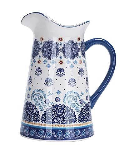 Blue Talavera Ceramic 2.5 Quarts Pitcher with Handle, Decorative Vase for