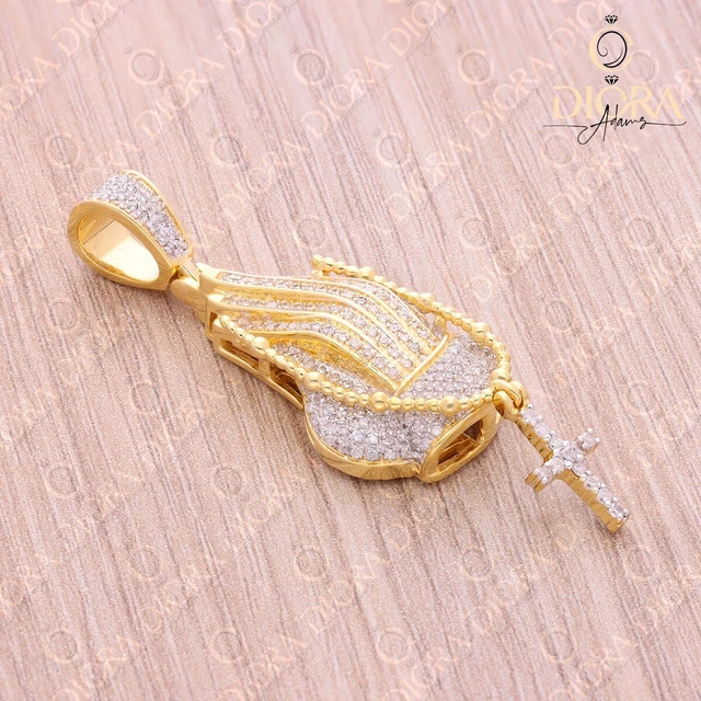 Iced Out Diamond Praying Hand  Rosary Cross Pendant 10Kt Gold Necklace Pendant