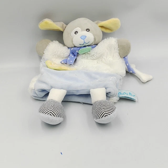 Doudou marionnette chien gris blanc jaune bleu Les Douillettes BABY NAT - 32996