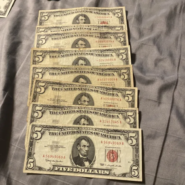 $5 Five Dollar Us Currency *8* Note Set / Collection 1963 Red Star