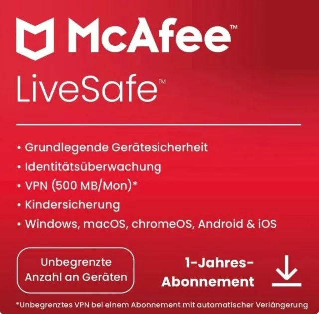 McAfee Live Safe • Unlimited/ Unbegrenzt PC/Geräte 1 Jahr • NEU