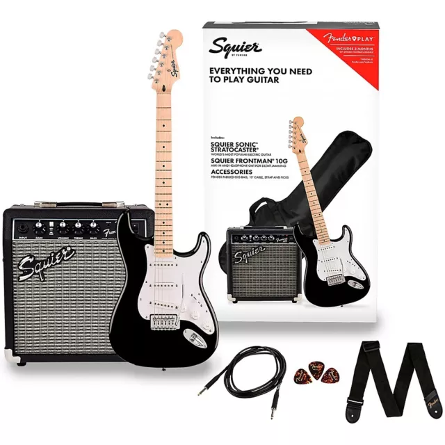 Squier Sonic Stratocaster Electric Guitar Pack with Fender Frontman 10G Amp Blck
