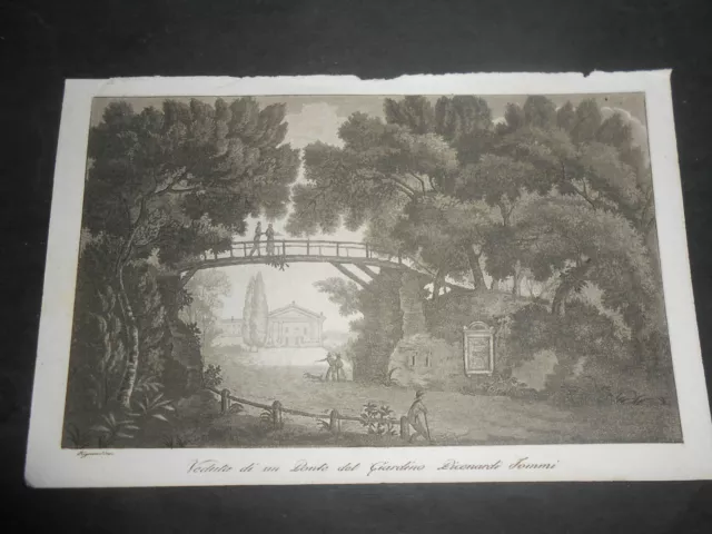 1833 Acquatinta Gandini Veduta Ponte Giardino Picenardi Sommi Pescarolo Cremona