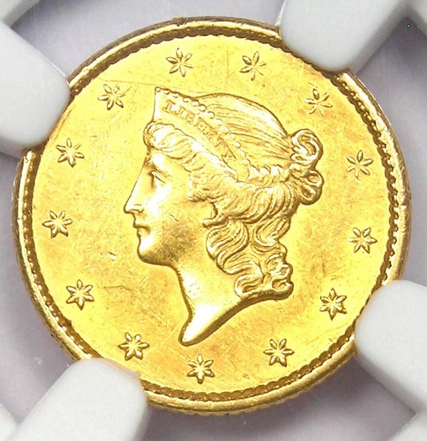 1849 Liberty Gold Dollar G$1 Open Wreath Coin - Certified NGC AU58 - Rare Date!