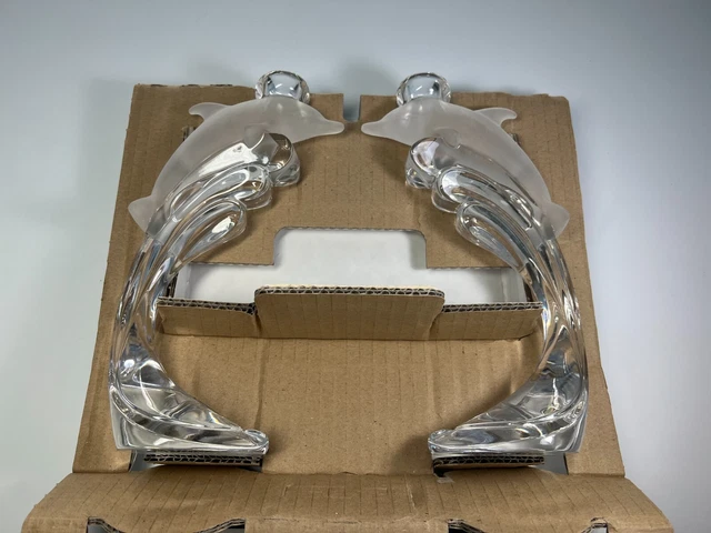 Pair Lenox Crystal Dolphin Candlesticks Nautical Frosted Dolphin Riding A Wave