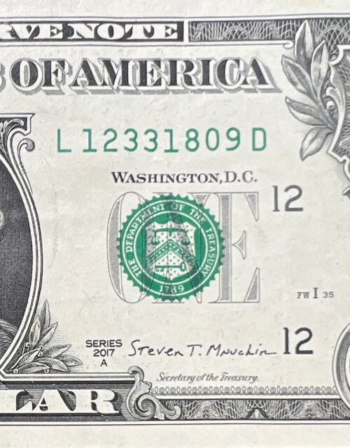 Fancy Serial Number $1 Bill Broken Ladder Leading Digits 123