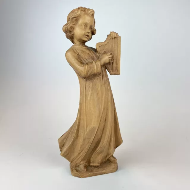 Hand Carved Wood Wooden Girl Musician Playing Harp 8" Signed Dated 1980 Germany