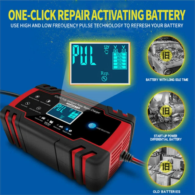 Chargeur de Batterie Réparation Auto Moto Voiture 8A 12/24V Portable Ecran LCD 2