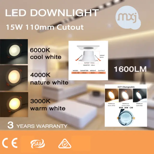 1X 15W LED Downlight 110mm cutout dimmable Tri-colour CCT
