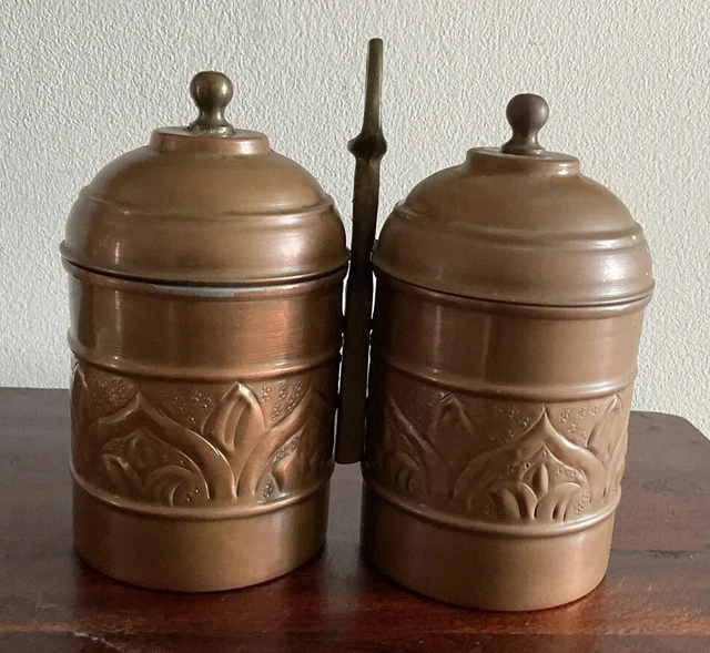 VINTAGE PAIR OF Kitchen Canisters/spice jars copper tone with handle
