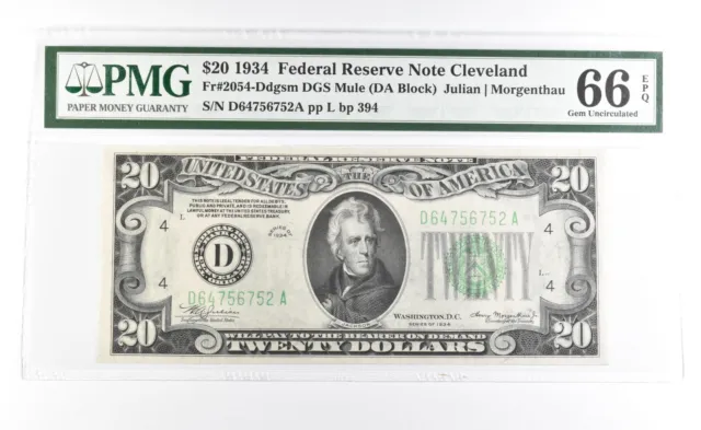 PMG 66 Gem Unc EPQ 1934 $20 Cleveland, OH US FRN Green Seal Fr#2054-Ddgsm *0952