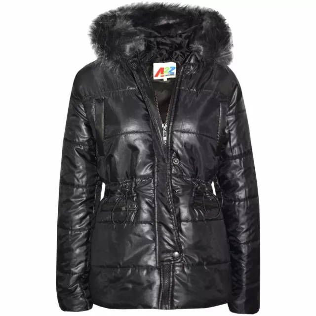 Kids Girls Jackets Puffer Black Hooded Detachable Faux Fur Wet Look Padded Coats