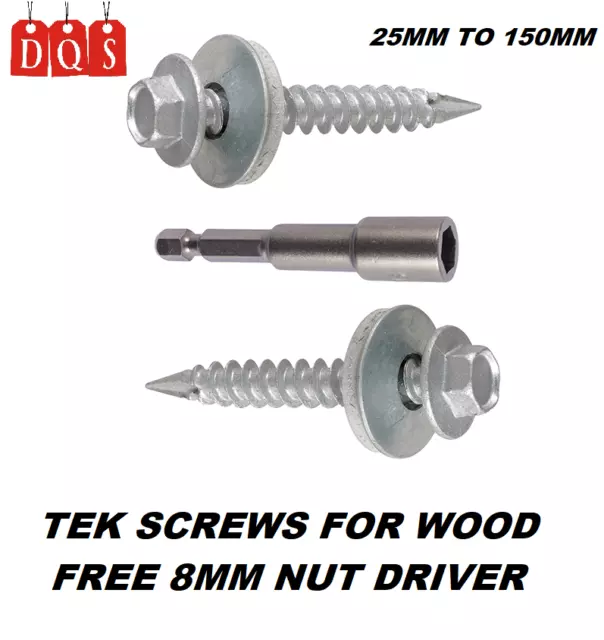 TEK ROOFING SCREWS HEX HEAD WITH SEALING WASHER FOR FIXING TO TIMBER 14g(6.3mmØ)