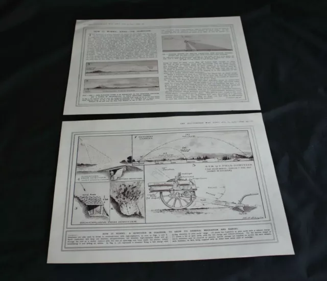 1915 WWI MAGAZINE PRINT 'Diagrams showing how a HOWITZER Works ' Size:10.5" x 8"