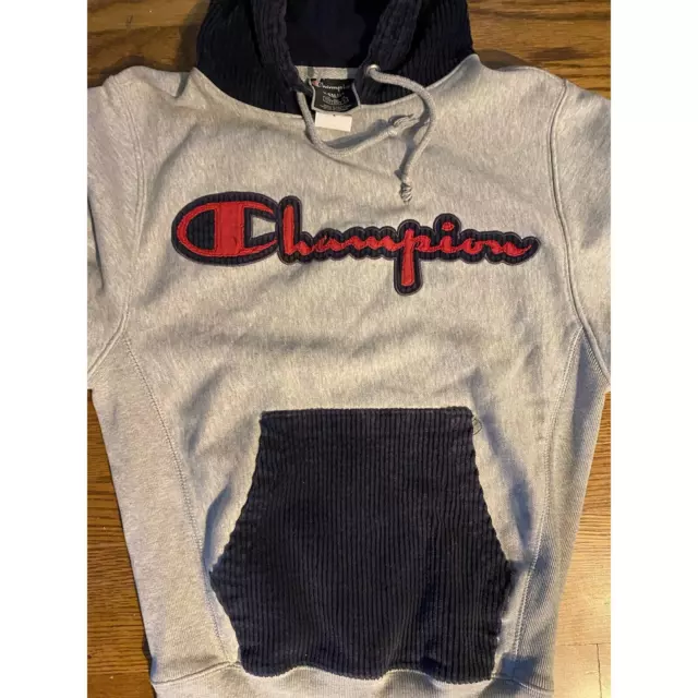 Y2K CHAMPION XS gray hoodie with dark navy corduroy pocket and hood $28 ...