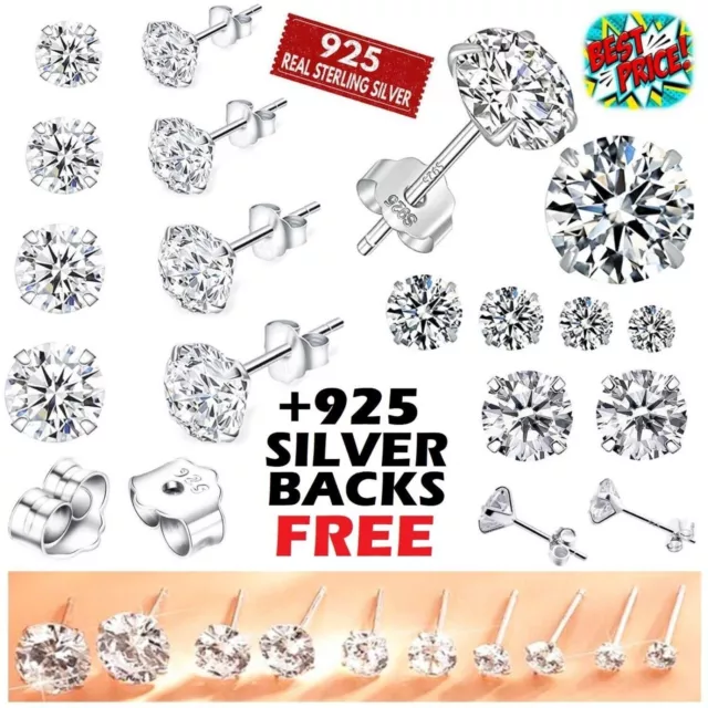 925 Sterling Silver Cubic Zirconia Stud Earrings UK New Set Pack Men Small Large 3