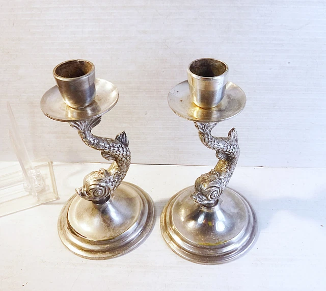 Vintage 1960s Silver Plated Dolphins Candlestick Holder Pair  5 1/2 Inch