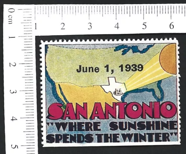 US 1939 vintage poster stamp SAN ANTONIO WHERE SUNSHINE SPENDS THE WINTER