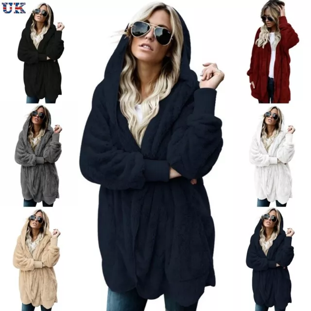 Plus Size Womens Teddy Bear Coat Cardigan Fleece Fur Hooded Fluffy Jacket Top UK